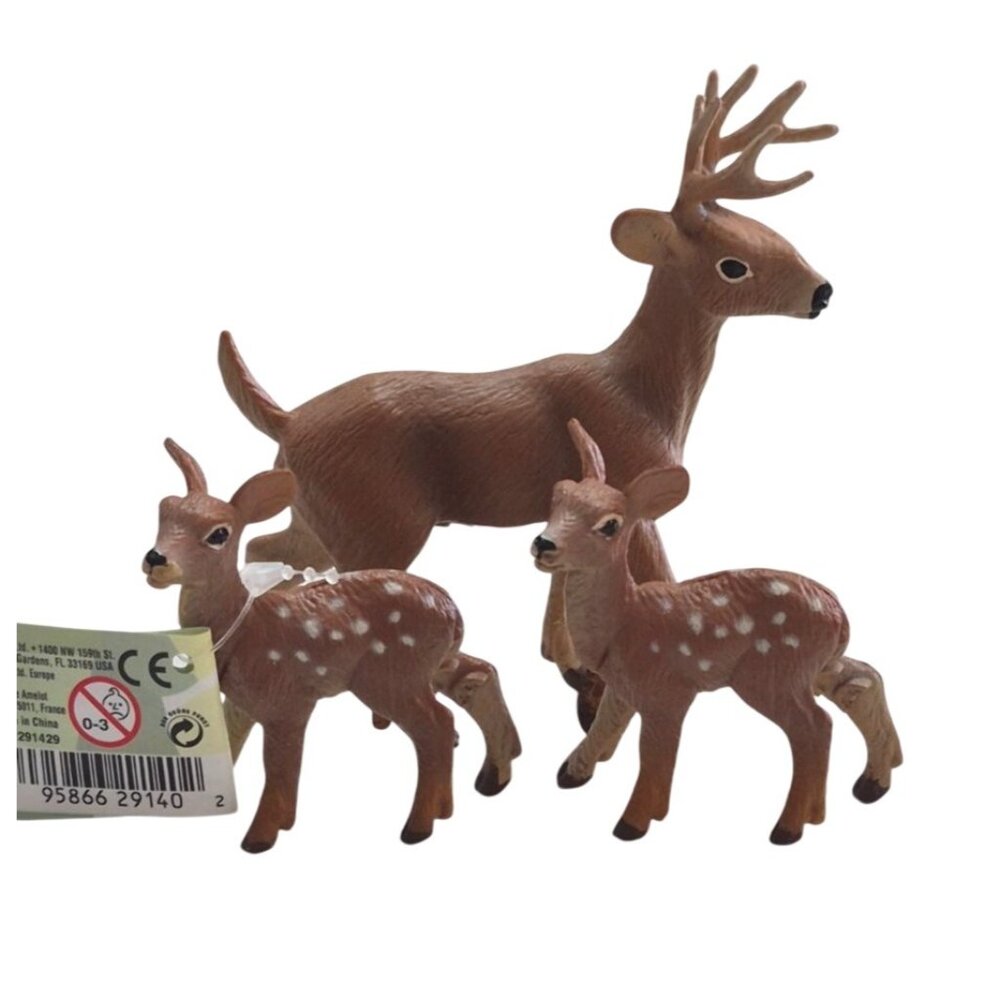 Safari Ltd. 1998 Deer Family Figurines Set 3 Brown Plastic Stag & Fawns Vinta
